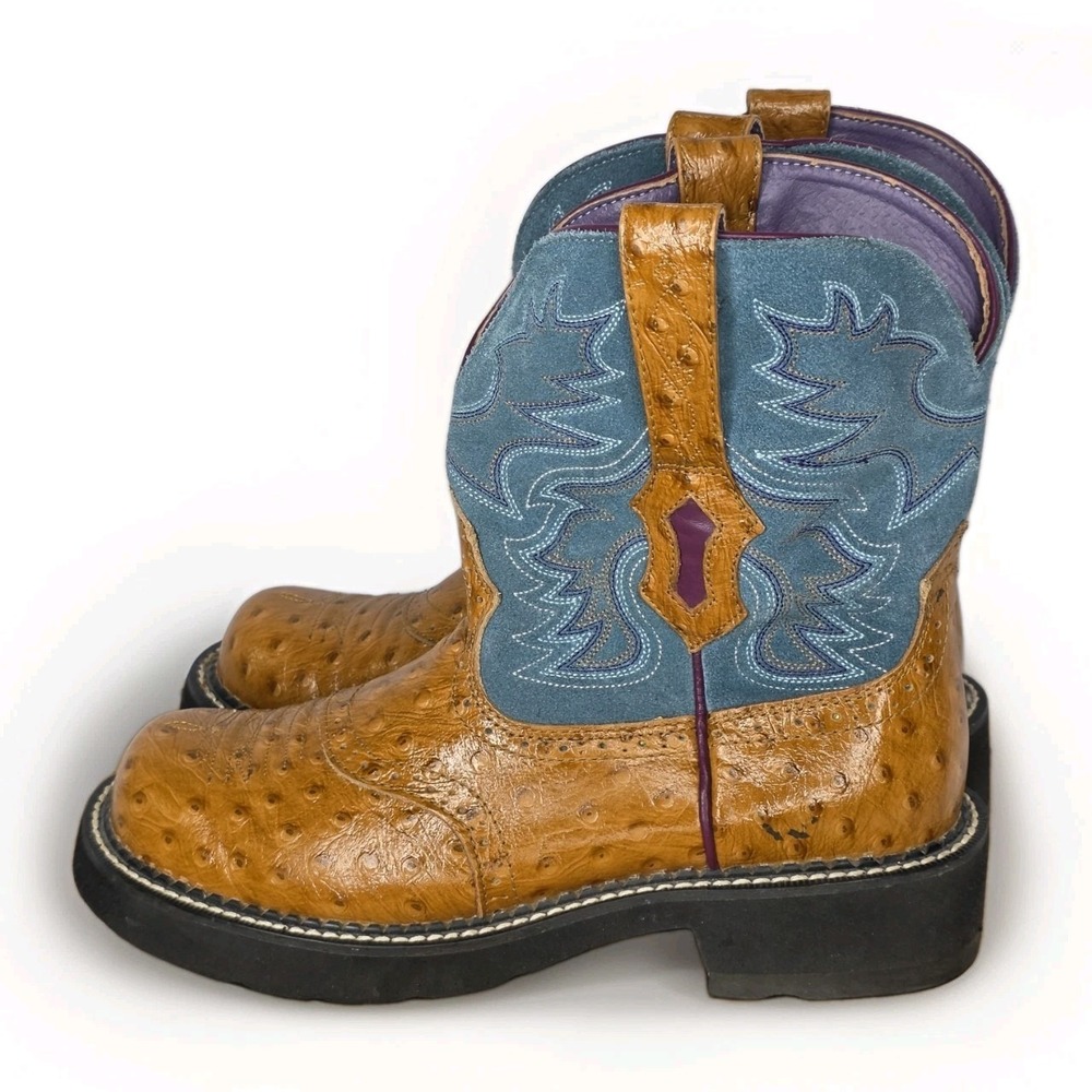 Ariat Fatbaby Western Roper Boots Brown Ostrich Quill Print Leather Womens 8